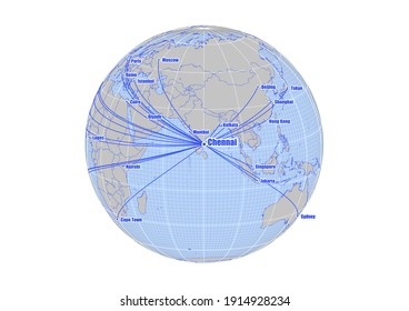 Globe centered to Chennai, India. Vector map showing Chennai, India's position on the world map, and its connections with other major cities. Suitable for digital editing and printing.