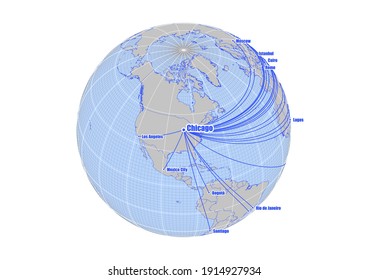 Globe centered to Chicago, USA. Vector map showing Chicago, USA's position on the world map, and its connections with other major cities. Suitable for digital editing and printing.