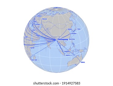 Globe centered to Chittagong, Bangladesh. Vector map showing Chittagong, Bangladesh's position on the world map, and its connections with other major cities. Suitable for digital editing and printing.
