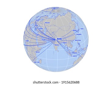 Globe, im Zentrum von Delhi, Indien. Vektorkarte, die Delhi, Indiens Position auf der Weltkarte und seine Verbindungen zu anderen Großstädten zeigt. Geeignet für digitale Bearbeitung und Druck.