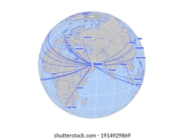 Globe ist in Dubai, Vereinigte Arabische Emirate konzentriert. Vektorkarte, die Dubai, die Position der Vereinigten Arabischen Emirate auf der Weltkarte und ihre Verbindungen zu anderen großen Städten zeigt. Geeignet für die digitale Bearbeitung.