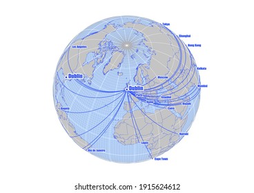 Globe centered to Dublin, Ireland. Vector map showing Dublin, Ireland's position on the world map, and its connections with other major cities. Suitable for digital editing and printing.