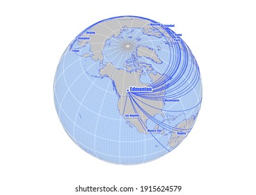 Globe centered to Edmonton, Canada. Vector map showing Edmonton, Canada's position on the world map, and its connections with other major cities. Suitable for digital editing and printing.