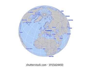 Globe centered to Frankfurt, Germany. Vector map showing Frankfurt, Germany's position on the world map, and its connections with other major cities. Suitable for digital editing and printing.