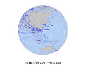 Globe centered to Fuzhou, China. Vector map showing Fuzhou, China's position on the world map, and its connections with other major cities. Suitable for digital editing and printing.