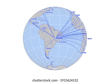 Globe centered to Goiania, Brazil. Vector map showing Goiania, Brazil's position on the world map, and its connections with other major cities. Suitable for digital editing and printing.