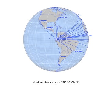 Globe centered to Guayaquil, Ecuador. Vector map showing Guayaquil, Ecuador's position on the world map, and its connections with other major cities. Suitable for digital editing and printing.