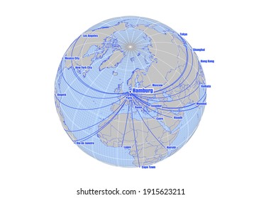 Globe centered to Hamburg, Germany. Vector map showing Hamburg, Germany's position on the world map, and its connections with other major cities. Suitable for digital editing and printing.