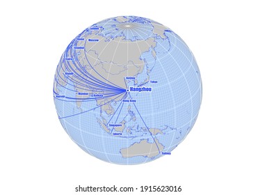 El globo se centró en Hangzhou, China. Mapa de vectores que muestra Hangzhou, la posición de China en el mapa del mundo y sus conexiones con otras ciudades importantes. Idóneo para edición e impresión digital.