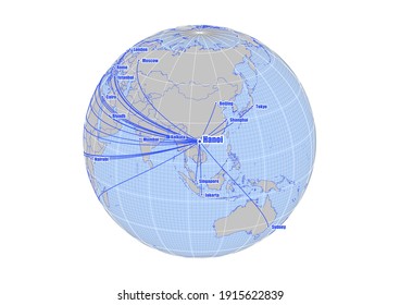 Globe centered to Hanoi, Vietnam. Vector map showing Hanoi, Vietnam's position on the world map, and its connections with other major cities. Suitable for digital editing and printing.