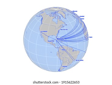 Globe centered to Havana, Cuba. Vector map showing Havana, Cuba's position on the world map, and its connections with other major cities. Suitable for digital editing and printing.