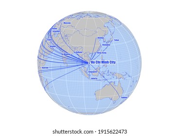 Globe centered to Ho Chi Minh City, Vietnam. Vector map showing Ho Chi Minh City, Vietnam's position on the world map, and its connections with other major cities. Suitable for digital editing.