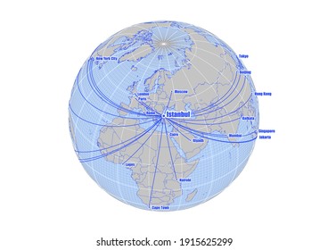 Globe centered to Istanbul, Turkey. Vector map showing Istanbul, Turkey's position on the world map, and its connections with other major cities. Map suitable for digital editing and printing