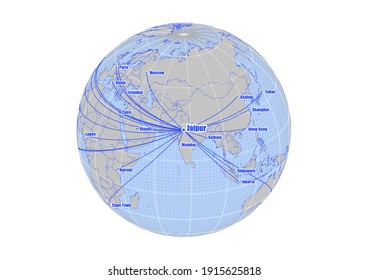 Globe centered to Jaipur, India. Vector map showing Jaipur, India's position on the world map, and its connections with other major cities. Map suitable for digital editing and printing.