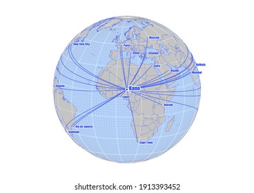 Globe centered to Kano, Nigeria. Vector map showing Kano, Nigeria's position on the world map, and its connections with other major cities. Map is suitable for digital editing and printing of all size