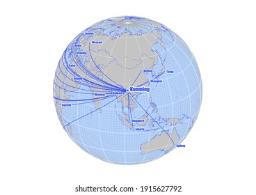 Globe centered to Kunming, China. Vector map showing Kunming, China's position on the world map, and its connections with other major cities. Map suitable for digital editing and printing