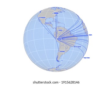 Globe centered to Lima, Peru. Vector map showing Lima, Peru's position on the world map, and its connections with other major cities. Map suitable for digital editing and printing