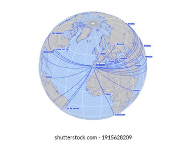 Globe centered to Lisbon, Portugal. Vector map showing Lisbon, Portugal's position on the world map, and its connections with other major cities. Map suitable for digital editing and printing.