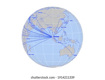 Globe centered to Medan, Indonesia. Vector map showing Medan, Indonesia's position on the world map, and its connections with other major cities. Suitable for digital editing and printing.