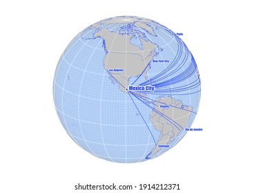 Globe centered to Mexico City, Mexico. Vector map showing Mexico City, Mexico's position on the world map, and its connections with other major cities. Suitable for digital editing and printing.