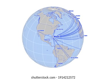 Globe centered to Miami, United States of America. Vector map showing Miami, United States of America's position on the world map, and its connections with other major cities.