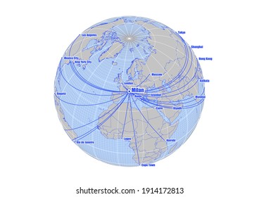 Globo centrado en Milán, Italia. Mapa de vectores que muestra Ankara, la posición de Turquía en el mapa del mundo y sus conexiones con otras grandes ciudades. Mapa adecuado para edición e impresión digital