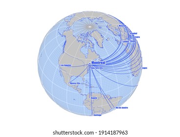 Globe centered to Montreal, Canada. Vector map showing Montreal, Canada's position on the world map, and its connections with other major cities. Suitable for digital editing and printing.