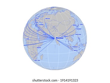 Globe centered to Mumbai, India. Vector map showing Mumbai, India's position on the world map, and its connections with other major cities. Suitable for digital editing and printing.