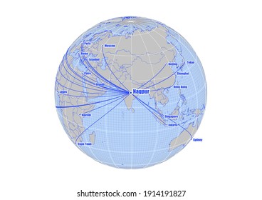 Globe centered to Nagpur, India. Vector map showing Nagpur, India's position on the world map, and its connections with other major cities. Suitable for digital editing and printing.