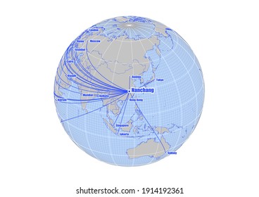 Globe centered to Nanchang, China. Vector map showing Nanchang, China's position on the world map, and its connections with other major cities. Suitable for digital editing and printing.