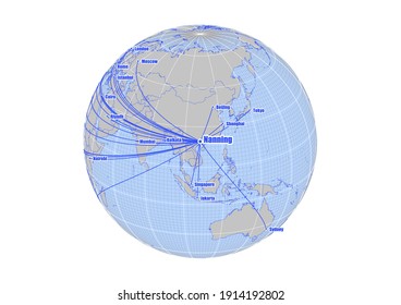 Globe centered to Nanning, China. Vector map showing Nanning, China's position on the world map, and its connections with other major cities. Suitable for digital editing and printing.