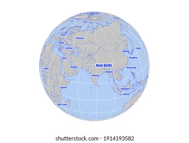 Globe centered to New Delhi, India. Vector map showing New Delhi, India's position on the world map, and its connections with other major cities. Suitable for digital editing and printing.