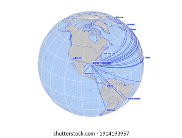 Globe centered to New Orleans, United States of America. Vector map showing New Orleans, USA's position on the world map, and its connections with other major cities. 