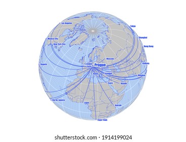 Globe centered to Prague, Czech Republic. Vector map showing Prague, Czech Republic's position on the world map, and its connections with other major cities. Suitable for digital editing and printing.
