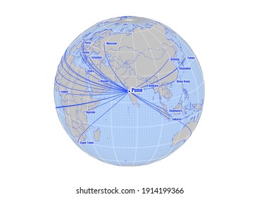 Globe centered to Pune, India. Vector map showing Pune, India's position on the world map, and its connections with other major cities. Suitable for digital editing and printing.