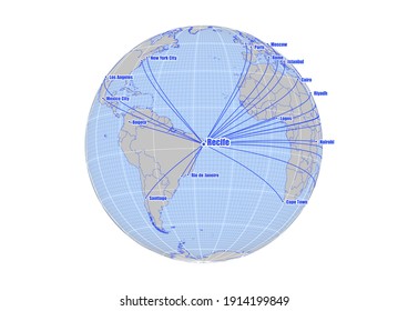 El globo se centró en Recife, Brasil. Mapa vectorial que muestra Recife, la posición de Brasil en el mapa del mundo, y sus conexiones con otras grandes ciudades. Idóneo para edición e impresión digital.