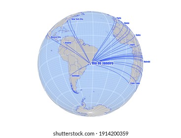 Globe centered to Rio de Janeiro, Brazil. Vector map showing Rio de Janeiro, Brazil's position on the world map, and its connections with other major cities. Suitable for digital editing and printing.