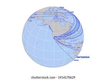 Globe centered to San Fransisco, USA. Vector map showing San Fransisco, USA's position on the world map, and its connections with other major cities. Map suitable for digital editing and printing