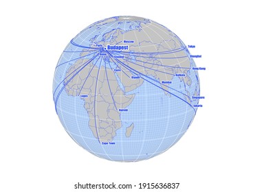 Globe centered to Sanaa, Yemen. Vector map showing Sana'a, Yemen's position on the world map, and its connections with other major cities. Suitable for digital editing and printing.