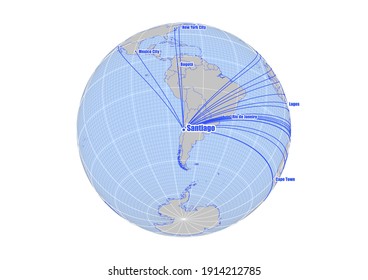 Globe centered to Santiago, Chile. Vector map showing Santiago, Chile's position on the world map, and its connections with other major cities. Suitable for digital editing and printing.