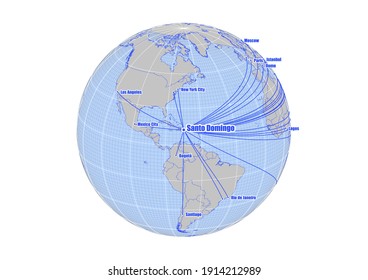 Globe centered to Santo Domingo. Vector map showing Santo Domingo's position on the world map, and its connections with other major cities. Suitable for digital editing and printing.