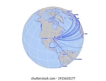 Globe centrado en St. Louis, EEUU. Mapa vectorial que muestra a St. Louis, la posición de EE.UU. en el mapa del mundo, y sus conexiones con otras grandes ciudades. Idóneo para edición e impresión digital.