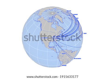 Globe centered to St. Louis, USA. Vector map showing St. Louis, USA's position on the world map, and its connections with other major cities. Suitable for digital editing and printing.