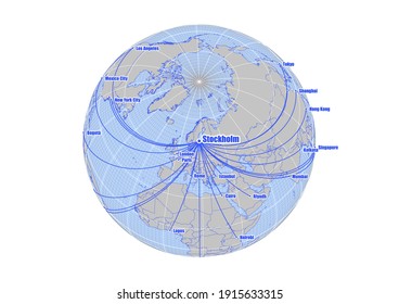 Globe centered to Stockholm, Sweden. Vector map showing Stockholm, Sweden's position on the world map, and its connections with other major cities. Suitable for digital editing and printing.