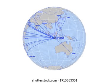 Globe centered to Surabaya, Indonesia. Vector map showing Surabaya, Indonesia's position on the world map, and its connections with other major cities. Suitable for digital editing and printing.