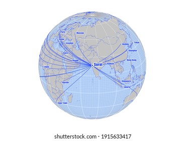 Globe centered to Surat, India. Vector map showing Surat, India's position on the world map, and its connections with other major cities. Suitable for digital editing and printing.
