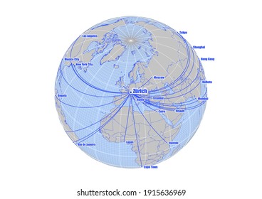 Globe centered to Zürich, Switzerland. Vector map showing Zürich, Switzerland's position on the world map, and its connections with other major cities. Suitable for digital editing and printing.