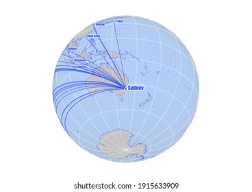 Globe centered to Sydney, Australia. Vector map showing Sydney, Australia's position on the world map, and its connections with other major cities. Suitable for digital editing and printing.