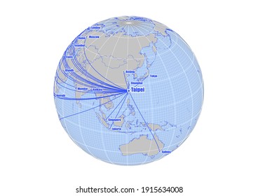 Globe centered to Taipei, Taiwan. Vector map showing Taipei, Taiwan's position on the world map, and its connections with other major cities. Suitable for digital editing and printing.