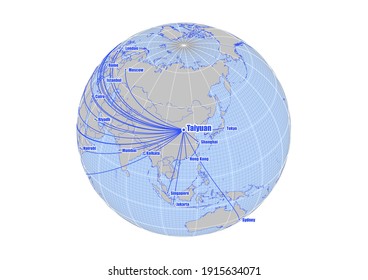 Globe centered to Taiyuan, China. Vector map showing Taiyuan, China's position on the world map, and its connections with other major cities. Suitable for digital editing and printing.